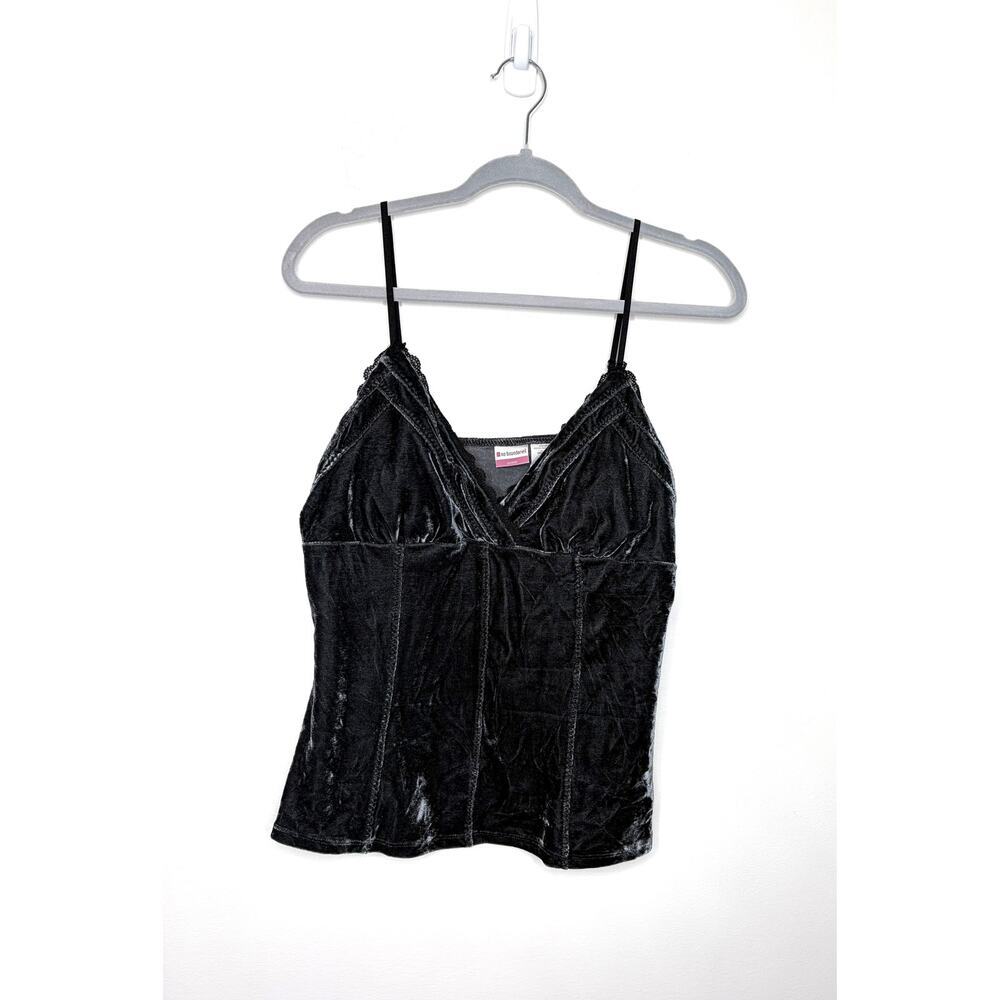 Y2K Crushed Velvet Lace Tank Top Cami Sz L Dark Gray Coquette Babydoll Festival - Picture 1 of 10